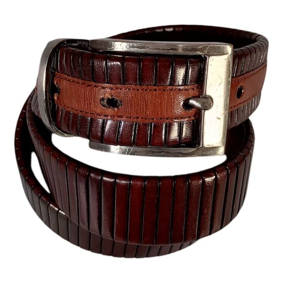 Mezlan Belt Burgundy Brown Vertical Slit Leather Men's 34 - Picture 2 of 9